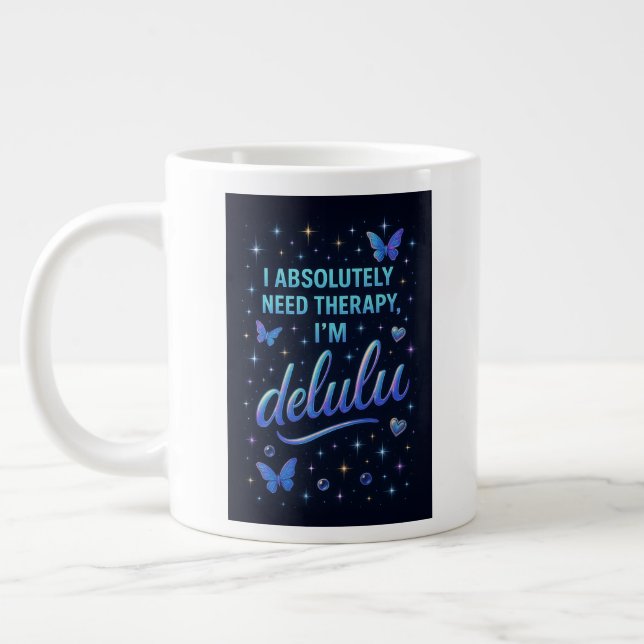 Caneca De Café Grande Preciso de terapia, sou delulu (Esquerda)