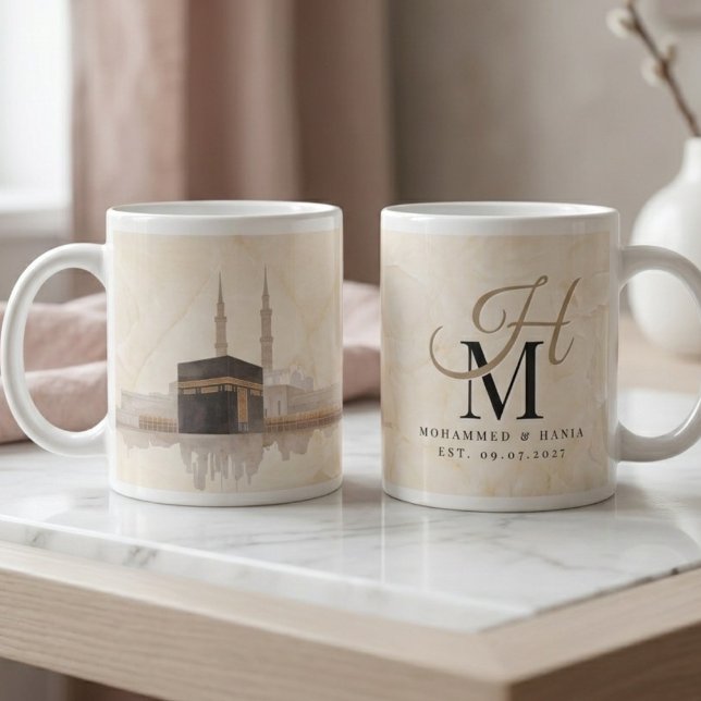 Caneca De Café Grande Presente de Casamento Kaaba | Monograma com os Nom (Criador carregado)