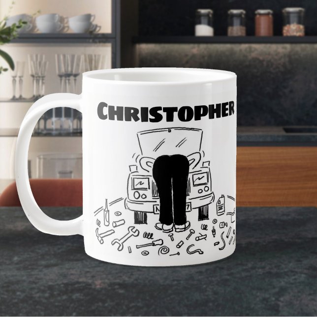 Caneca De Café Grande Presente para um Mecânico de Automóveis com o Nome (Large Mug for a Mechanic)