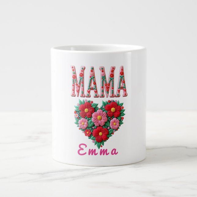 Caneca De Café Grande Presente Personalizado Floral Coração de Mamãe (Frente)