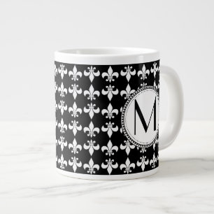 Caneca De Café Grande Preto  Padrão de Fleur de Lis Monograma Branco