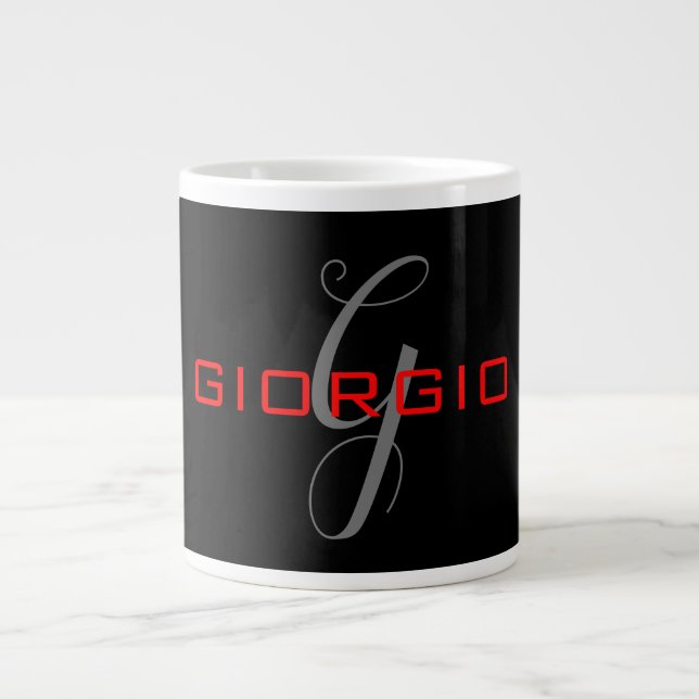 Caneca De Café Grande Preto Vermelho Seu Nome Monograma Inicial Moderno (Frente)