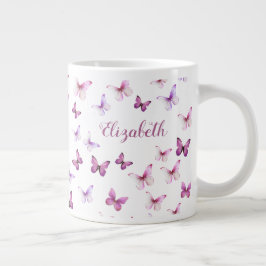 Caneca De Café Grande Pretty Pink Butterflies Custom Name