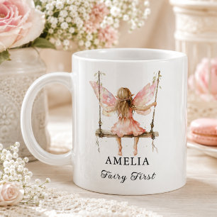 Caneca De Café Grande Primeiro Aniversário de Fadas com Aquarela Floral 