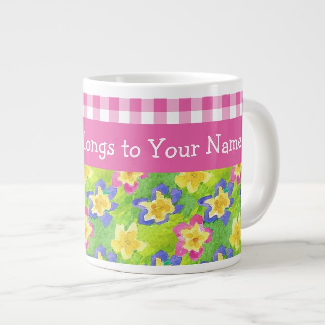 Caneca De Café Grande Primroses Jumbo Mug para Personalizar: Gingham Ros (Frente Esquerda)