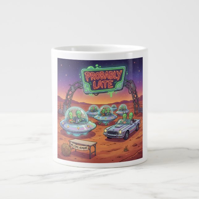 Caneca De Café Grande Probably Late – Funny Alien UFO Waiting Sci-Fi Car (Frente)