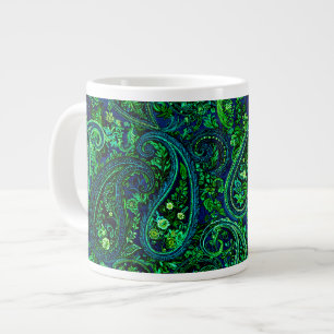 Caneca De Café Grande Profusão Paisley Floral Vibrante Azul Verde  