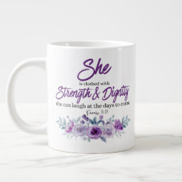 Caneca De Café Grande Provérbios 31:25 Força e Dignidade da Flor Roxo