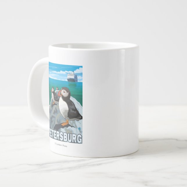 Caneca De Café Grande Puffins & Cruise Ship - Petersburg, Alasca (Frente Esquerda)