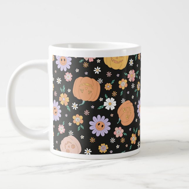 Caneca De Café Grande Pumpkins e Flores do Halloween Retro (Esquerda)