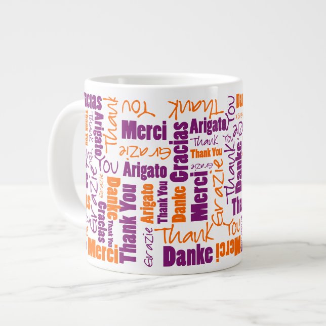 Caneca De Café Grande Purple e Orange Multilingual Obrigado (Frente Esquerda)