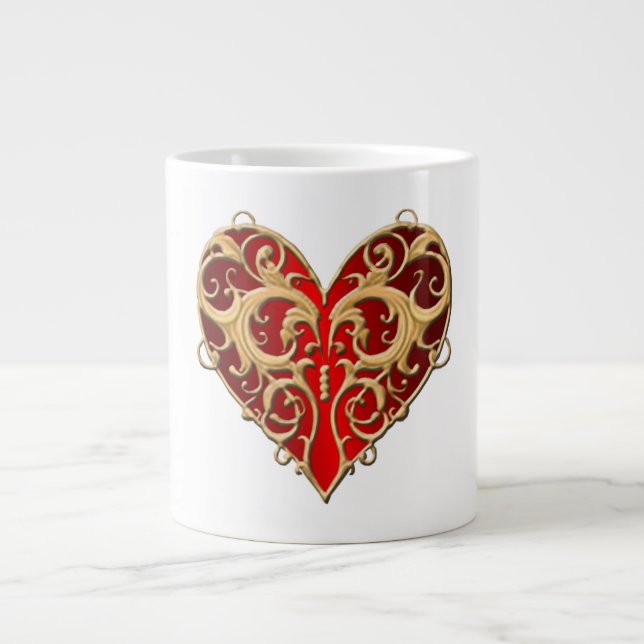 Caneca De Café Grande Red Filigree Heart Mug (Frente)