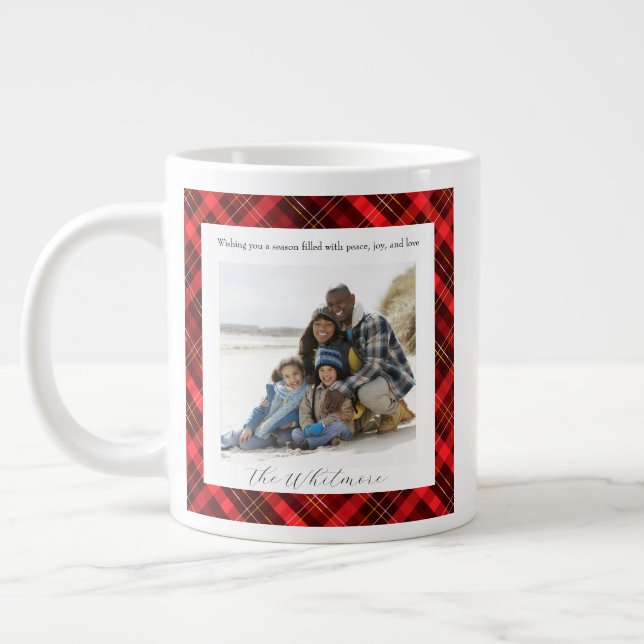 Caneca De Café Grande  Red Plaid Cozy Christmas Rustic Monogram 2 Photo (Esquerda)