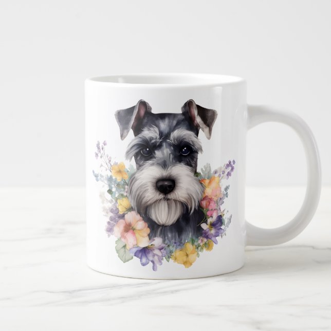 Caneca De Café Grande Retrato de Schnauzer Fofo com Flor (Direita)