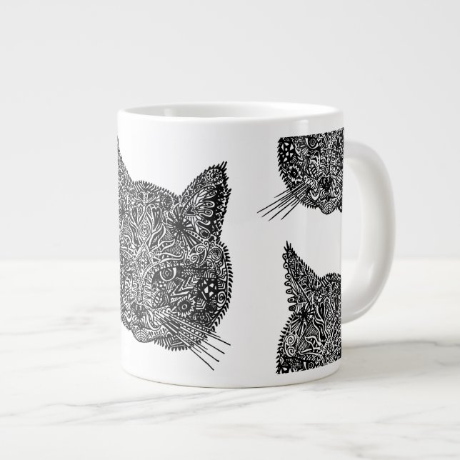 Caneca De Café Grande Retrato Ornamental de Gato Negro e Branco (Frente Esquerda)