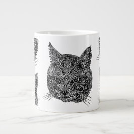 Caneca De Café Grande Retrato Ornamental de Gato Negro e Branco