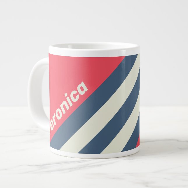 Caneca De Café Grande Retro Beach Club Stripes with Name (Frente Esquerda)