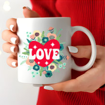Retro Floral Heart Love Red Dia de os namorados