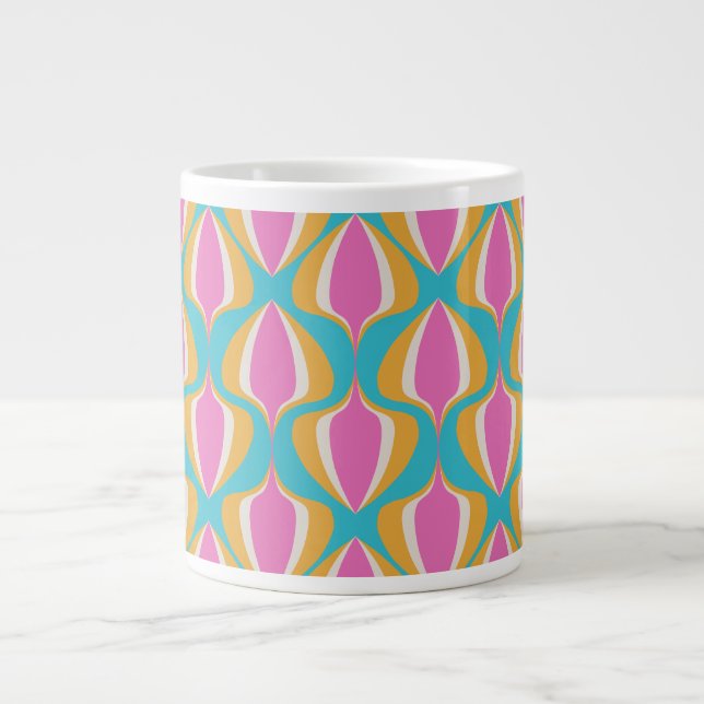Caneca De Café Grande Retro Ogee Azul Laranja Rosa (Frente)