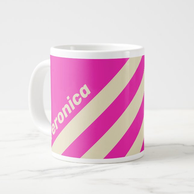 Caneca De Café Grande Retro Rosa Três Listras com Nome (Frente Esquerda)