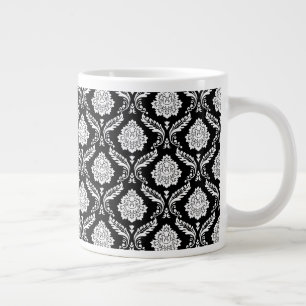 Caneca De Café Grande Rococo Damask Padrão Pq Branco no Preto