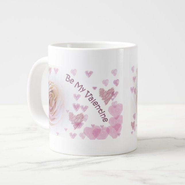 Caneca De Café Grande Rosa Branca de Corações Rosa (Frente Esquerda)