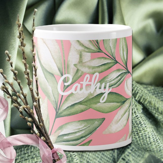 Caneca De Café Grande Rosa Tropical, Blush, Floral Verde (Criador carregado)