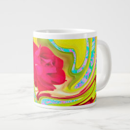 Caneca De Café Grande Rosa vermelha abstrato em espiral amarela e aqua