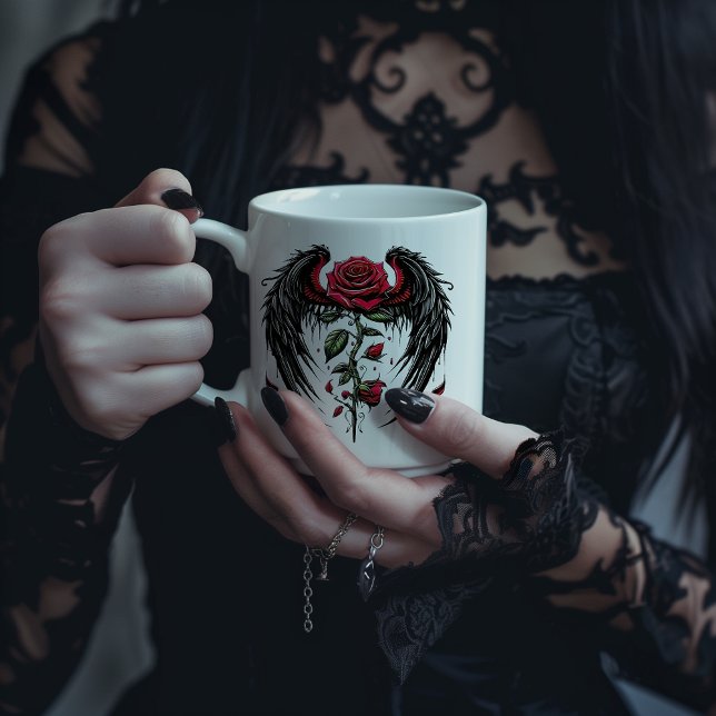 Caneca De Café Grande Rosa Vermelha Alada Gótica (Criador carregado)