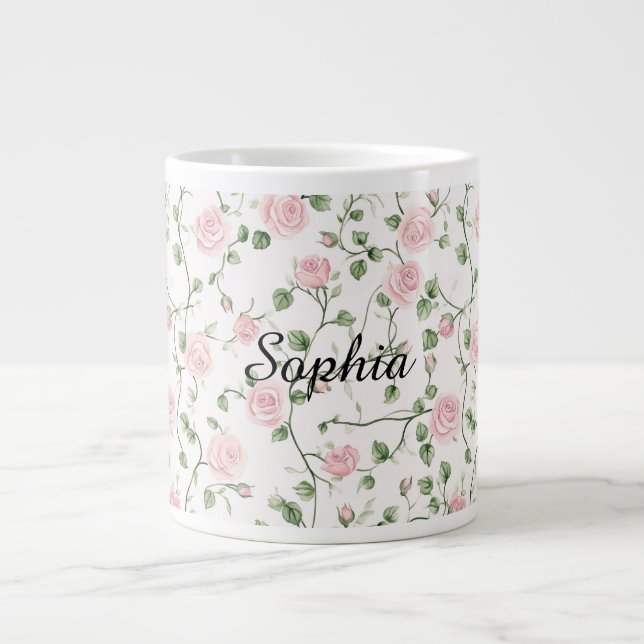 Caneca De Café Grande Rosas Florais Rosa Bonito   (Frente)