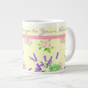 Caneca De Café Grande Rosas, Lavanda, Padrão de Cor de Água Laranja Mock