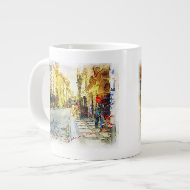 Caneca De Café Grande Ruas de aquarela de Praga (Frente Esquerda)