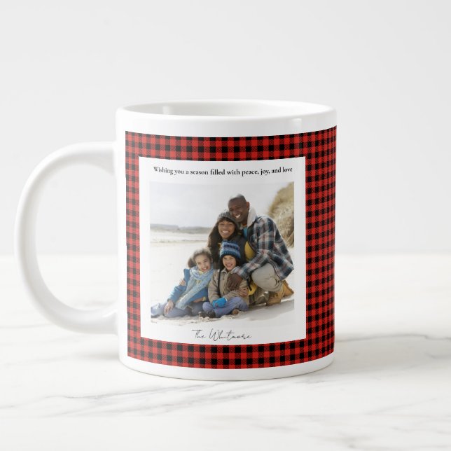 Caneca De Café Grande Rustic Cute Red Plaid Monogram 2 Photo Christmas (Esquerda)