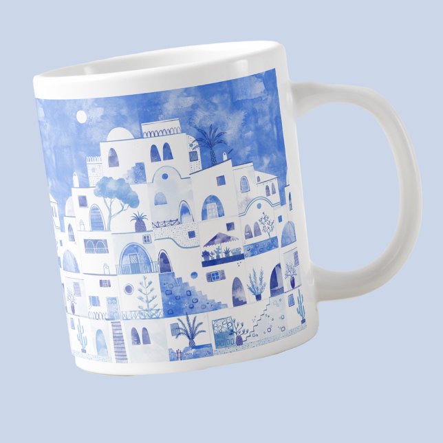 Caneca De Café Grande Santorini Grécia Watercolor (Santorini Oia Greece blue and white watercolor art mug)