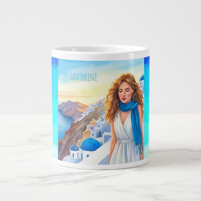 Caneca De Café Grande Senhora Adorável em um ofício azul apreciando Sant (Frente)