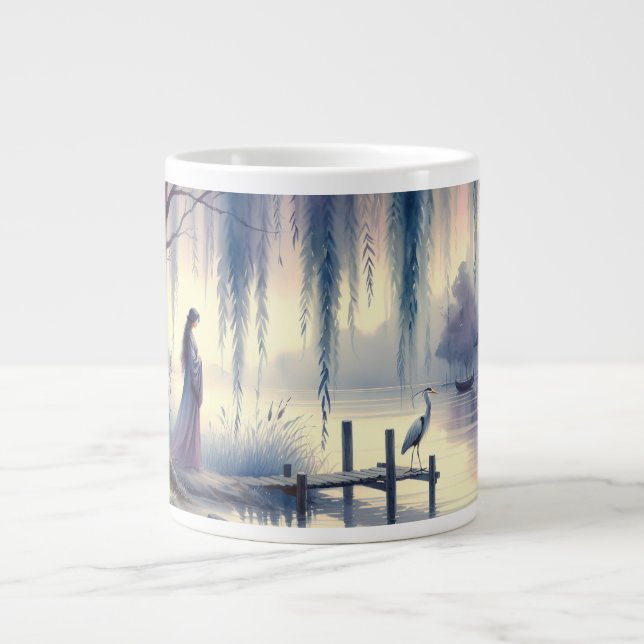 Caneca De Café Grande Sereno Lago de Fantasia com Salgueiro e Garça (Frente)