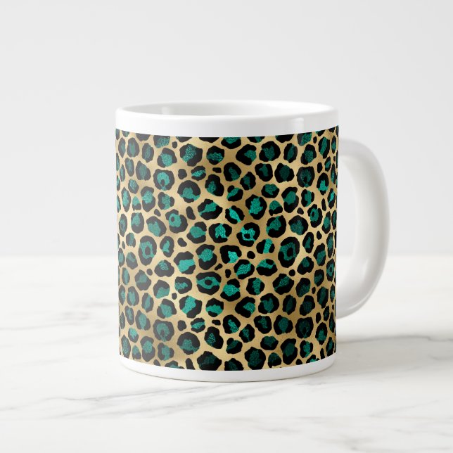 Caneca De Café Grande Série Teal e Gold Leopard Design 14 (Frente Esquerda)