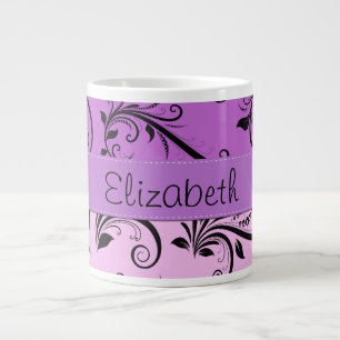 Caneca De Café Grande Seu Nome - Damask, Ornaments, Swirls - Pink Black