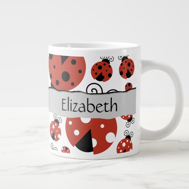 Caneca De Café Grande Seu Nome - Ladybugs, Ladybird - Preto Vermelho (Direita)