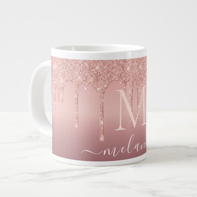 Caneca De Café Grande Seu nome Letra Mug Rosa Dourado Blush Glitter Driv (Frente Esquerda)