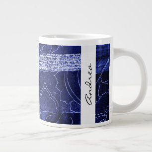 Caneca De Café Grande Seu Nome - Patchwork, Flowers, Swirls - Azul