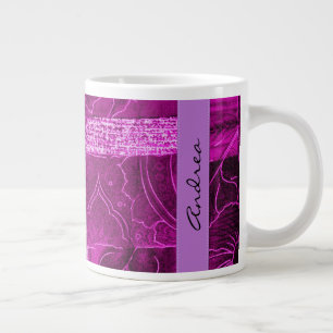 Caneca De Café Grande Seu Nome - Patchwork, Flowers, Swirls - Rosa