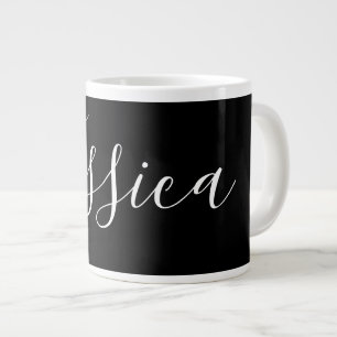 Caneca De Café Grande Seu nome Script branco elegante em preto
