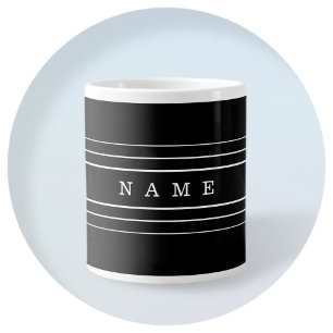 Caneca De Café Grande Seu Texto Personalizado & Listras Modernas Preto