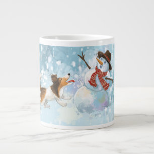 Caneca De Café Grande Sheldon o Sheltie e o Boneco de Neve