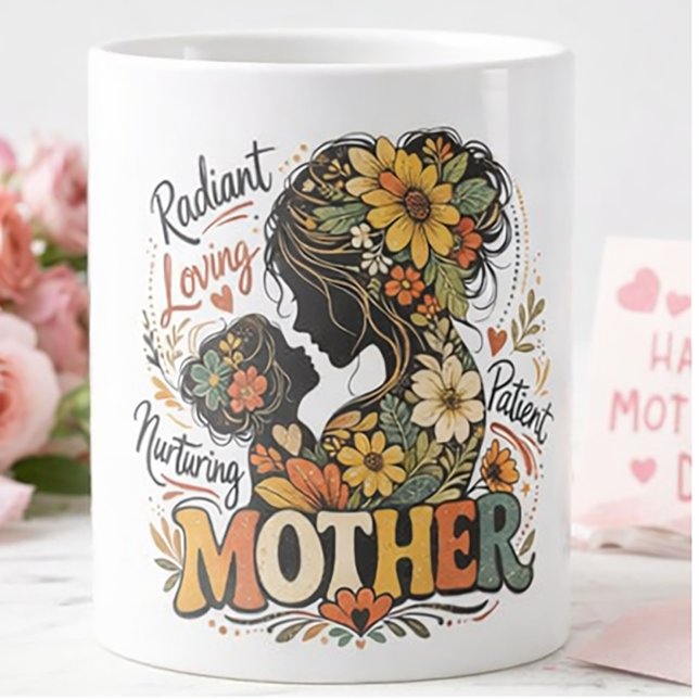 Caneca De Café Grande Silhueta Floral Mãe Radiante (Criador carregado)