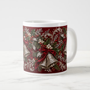 Caneca De Café Grande Sinos de Natal Prateados Antigos & Veludo Borgonha