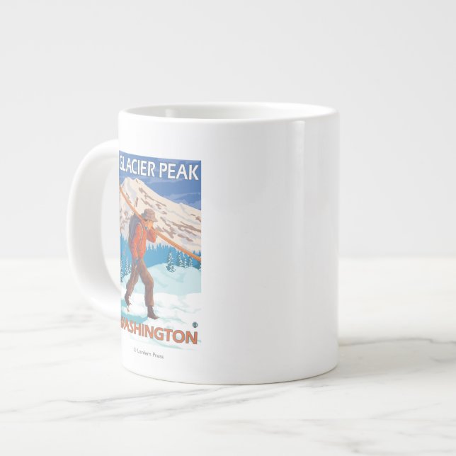 Caneca De Café Grande Skis - Glacier Peak, Carregando Skier, WA (Frente Esquerda)