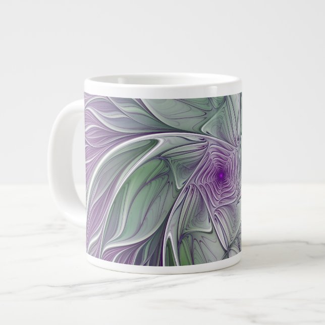 Caneca De Café Grande Sonho de Flor, Arte Fractal Verde Abstrato púrpura (Frente Esquerda)