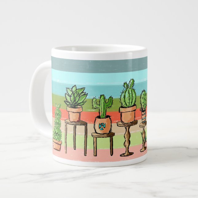 Caneca De Café Grande Stripe Pintado Cactos (Frente Esquerda)